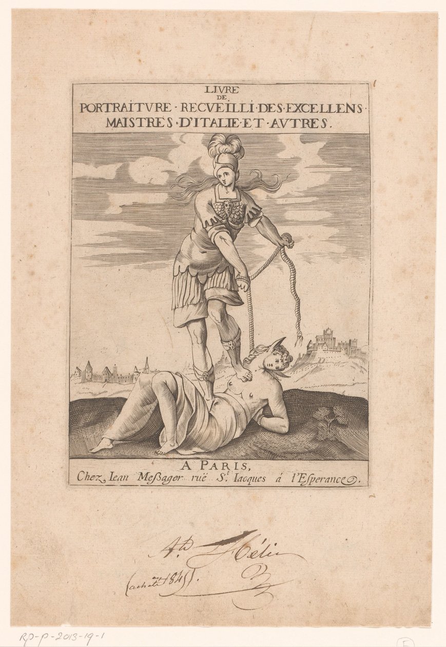 Minerve attachant la stupidité avec une corde (Page de titre pour: s.n., Livre de portraiture receuilli des excellens maistres d’Italie et autres, ca. 1627) - Jean Dubrayet