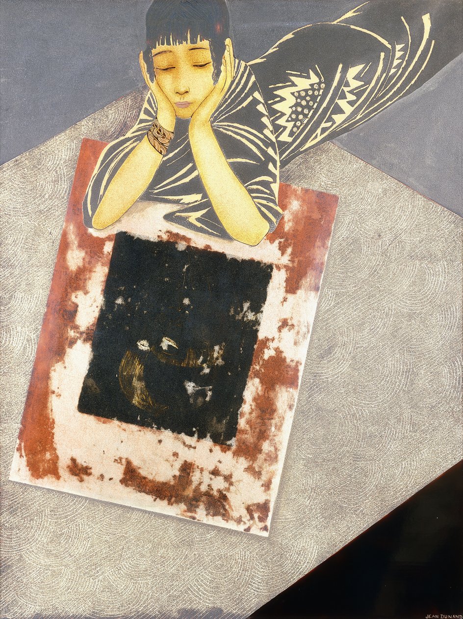Une fille au teint doré, allongée sur le sol et appuyée sur ses coudes - Jean Dunand