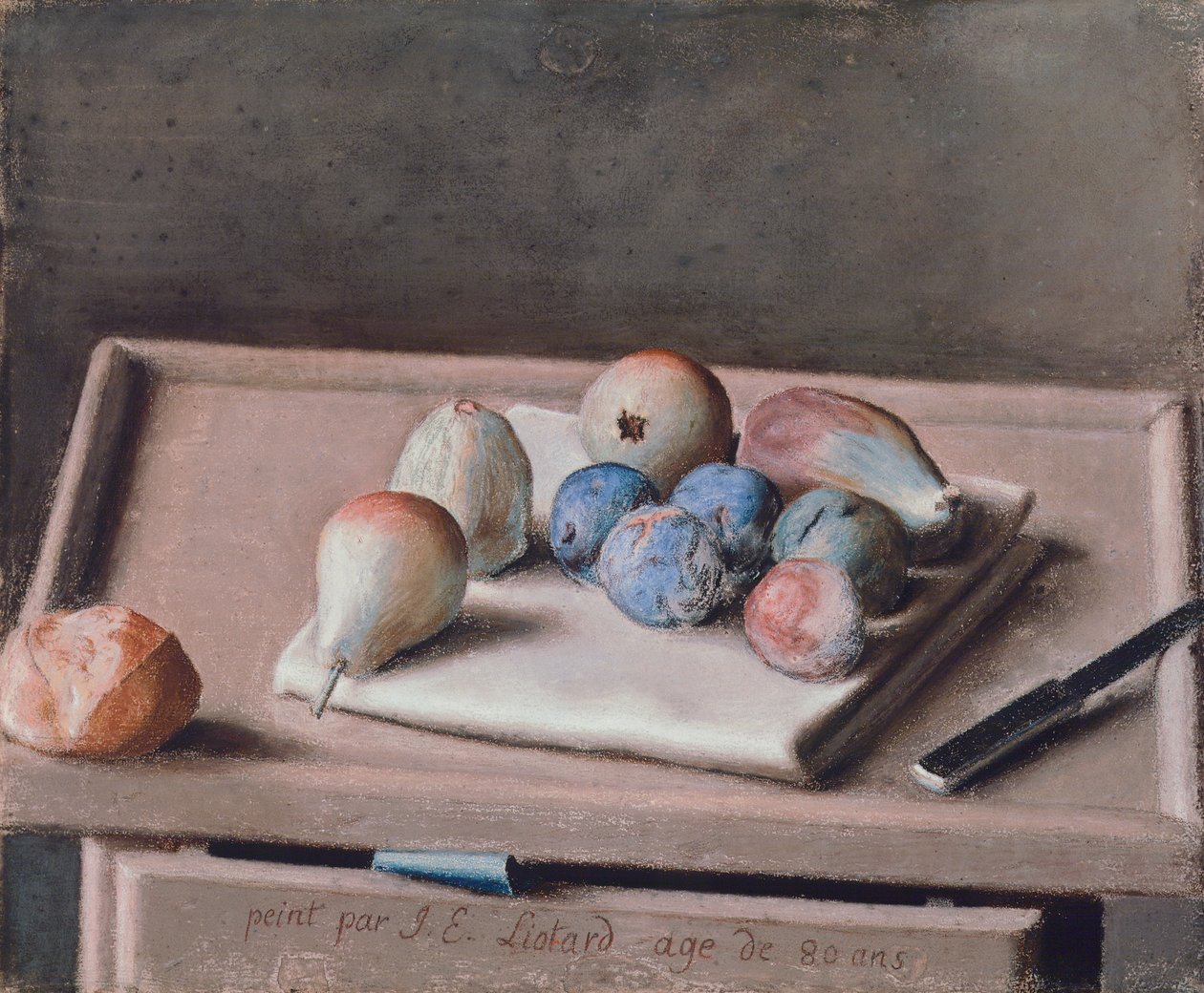 Nature morte avec poires, figues, pruneaux, petit pain et couteau sur table - Jean Étienne Liotard