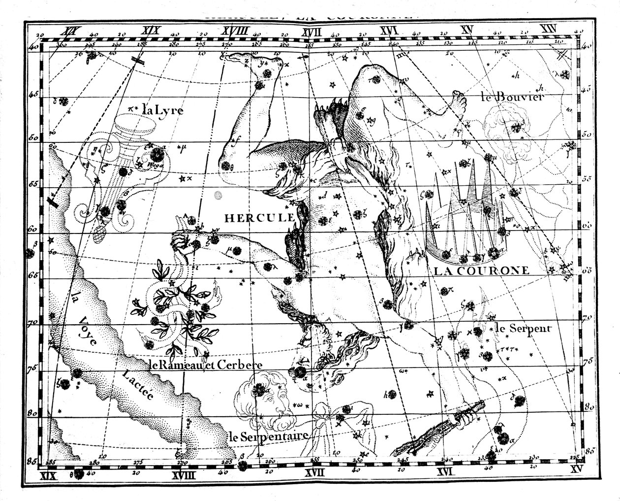 Carte astronomique, centrée sur la constellation d