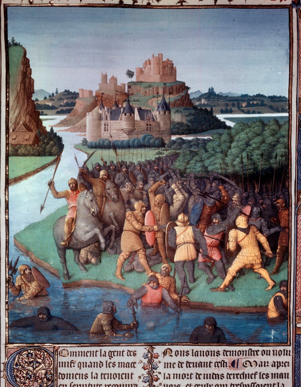 Bataille entre Juifs et Macédoniens. Miniature tirée de « Le Livre des anciens Juifs » (Antiquités judaïques) par Jean Fouquet (1420-1481) 15ème siècle Paris, B.N. - Jean Fouquet