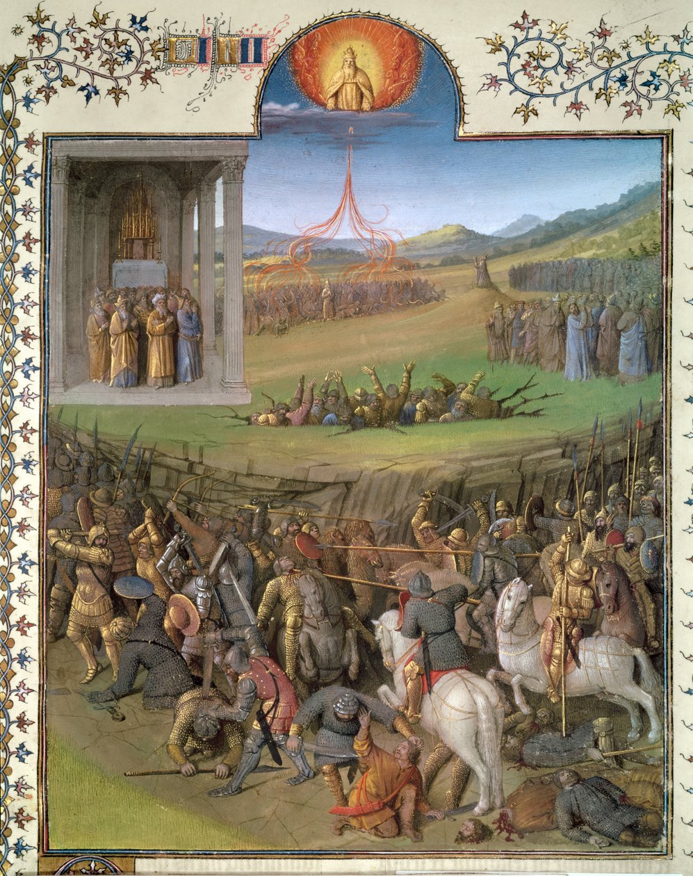 Ms Fr 247 f.70 Bataille des Hébreux contre les Cananéens et le Châtiment de Coré et des rebelles, illustration des 