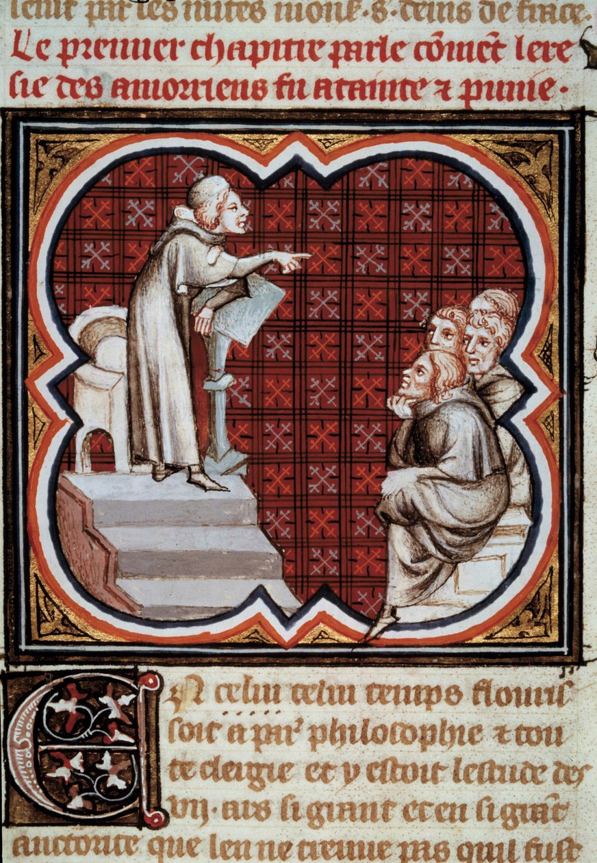 Le philosophe et théologien français Amaury de Chartres (ou Amaury de Bène ou Amalricus de Bène) (mort en 1209) devant ses disciples (les Amauriciens). Miniature des Grandes Chroniques de France enluminée par Jean Fouquet (1420-1481) - Jean Fouquet