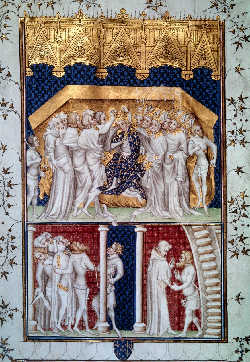 Le couronnement de Charles VI (1368-1422) par les pairs de France le 16/09/1380. Miniature des Grandes Chroniques de France par Jean Fouquet (1420-1481) 15e siècle Paris, B.N. - Jean Fouquet