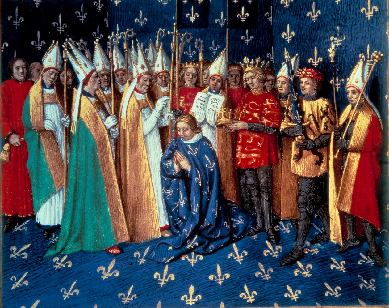 Le couronnement de Philippe Auguste à Reims le 1/11/1179. Miniature des Chroniques de Saint-Denis par Jean Fouquet (1420-1481) 15ème siècle. Paris, B.N. - Jean Fouquet