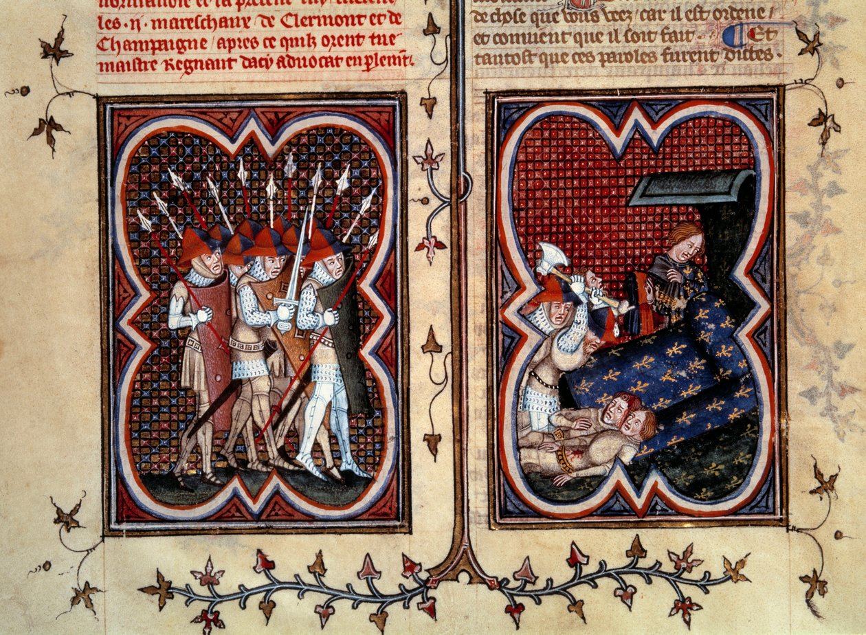 Les maréchaux Robert de Clermont et Jean de Conflans assassinés par Étienne Marcel (1315-1358) et ses hommes dans la chambre du dauphin Charles (futur Charles V) au Palais de la Cité le 22 février - Jean Fouquet