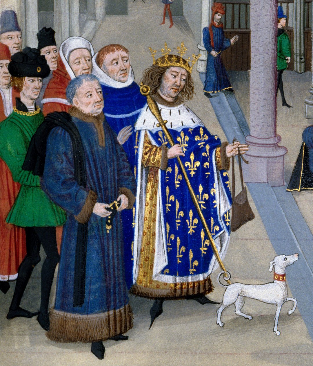 (détail) Le roi saint Louis (Louis IX (1214-1270) prêt à partir outre-mer. Miniature des Grandes Chroniques par Jean Fouquet (1420-1481), Paris, Bibliothèque de l