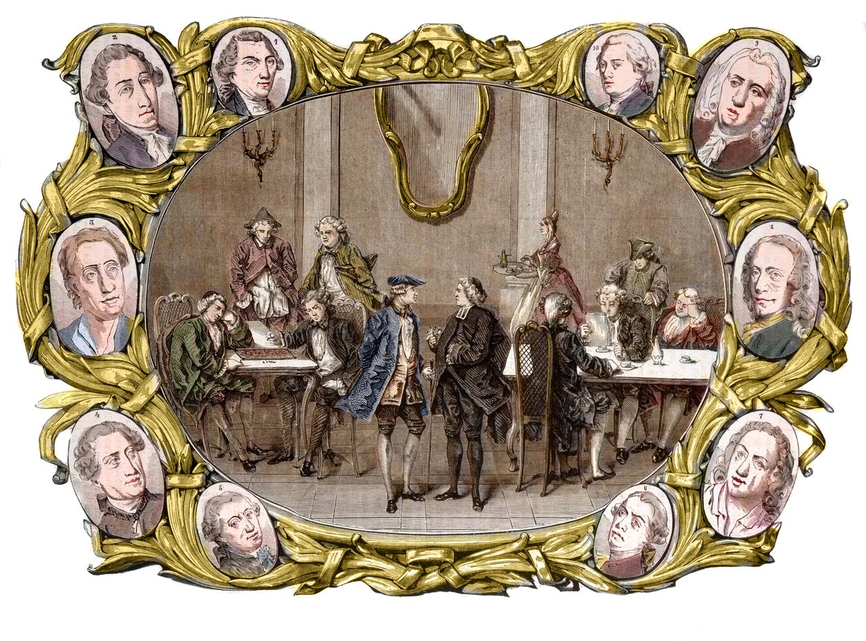 Paris - Le café « Procope » au 18e siècle de droite à gauche, dans les médaillons, Georges Louis Leclerc, comte de Buffon, Nicolas Joseph Florent Gilbert, Denis Diderot, Jean le Rond d
