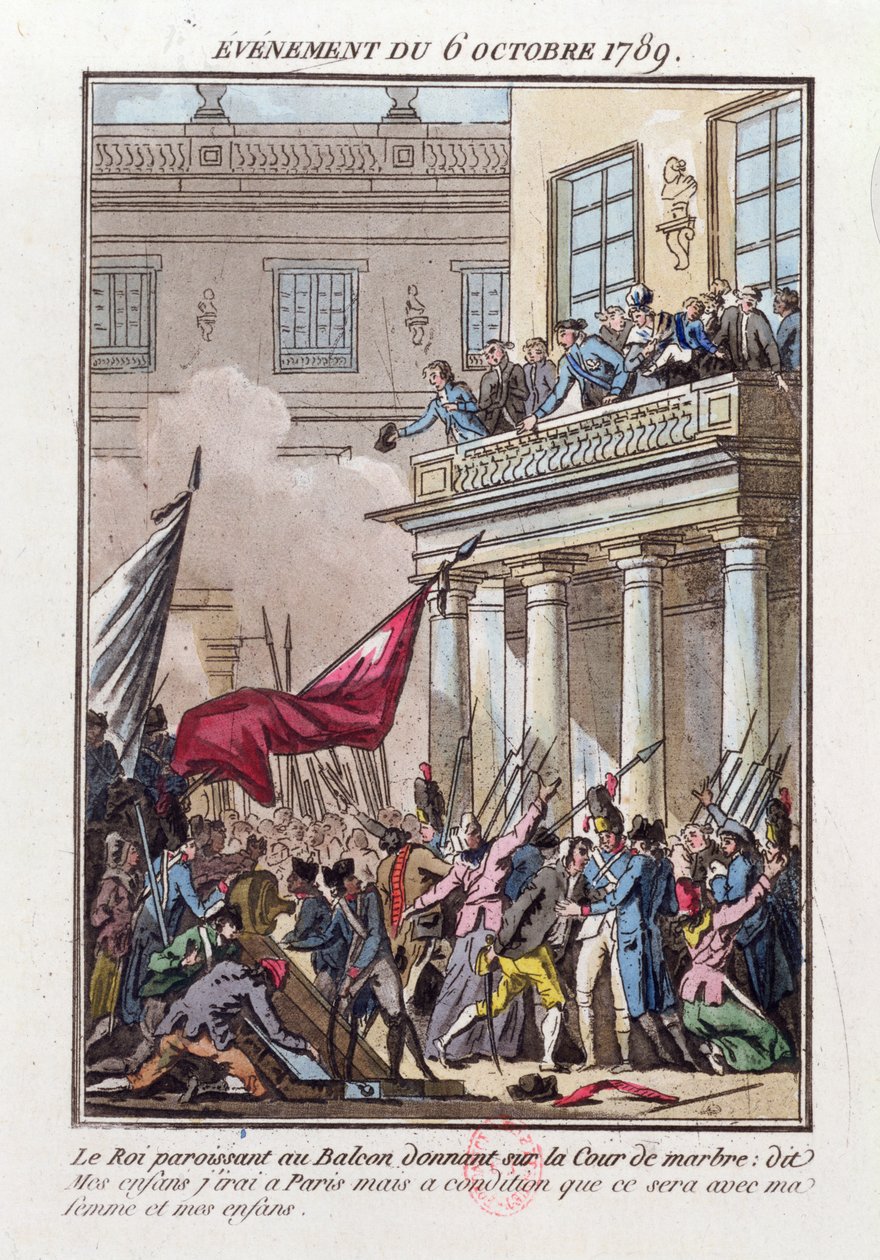 Louis XVI apparaissant sur le balcon à Versailles le 6 octobre 1789 pour dire à la foule parisienne qu