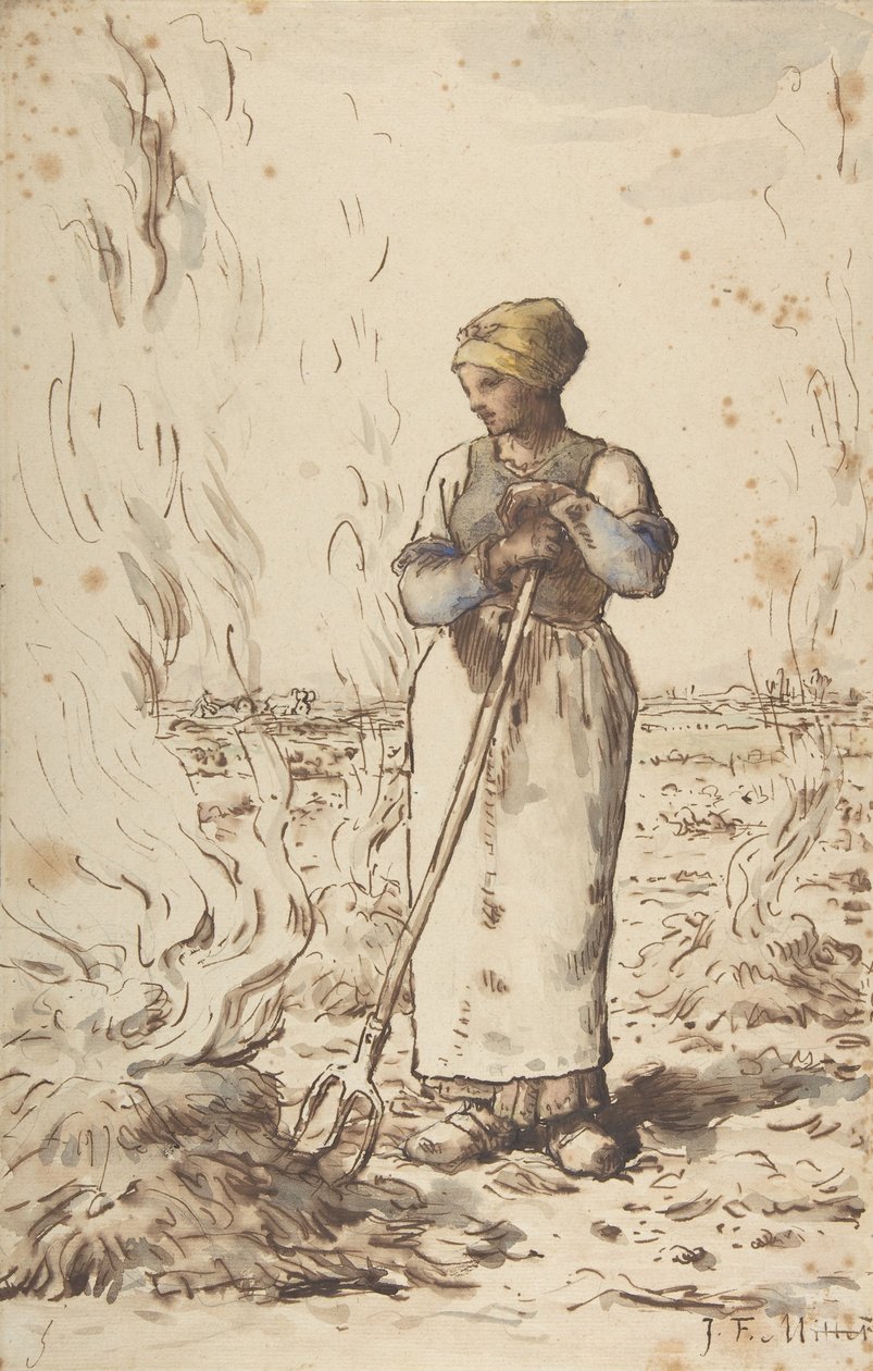 Une femme brûlant des mauvaises herbes, 1830-75 - Jean Francois Millet
