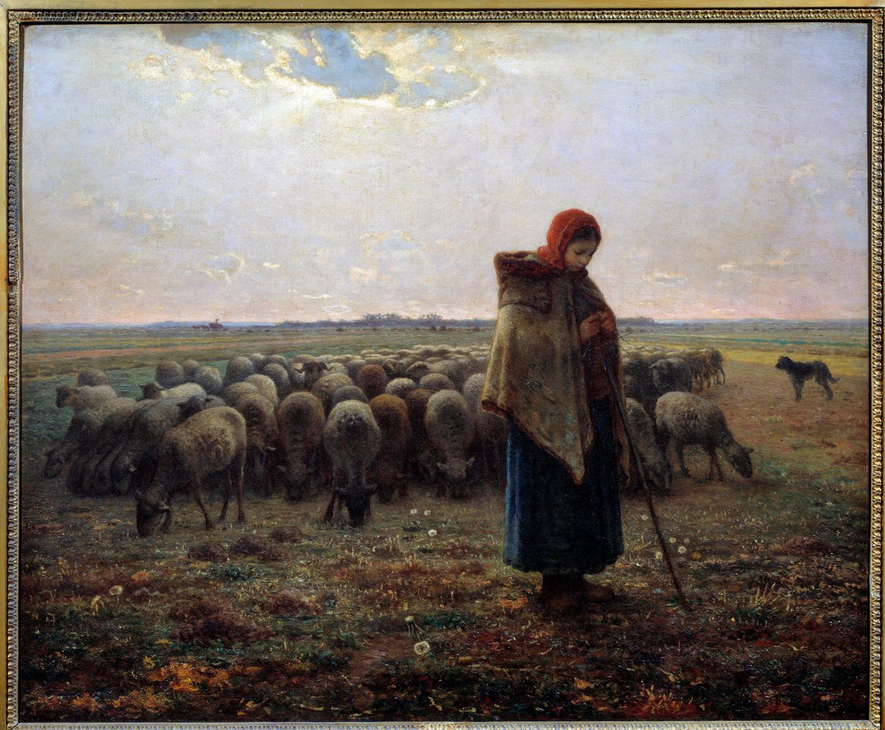 Bergère et ses moutons dit le grand berger. Peinture de Jean François Millet (1814-1875) - Jean Francois Millet