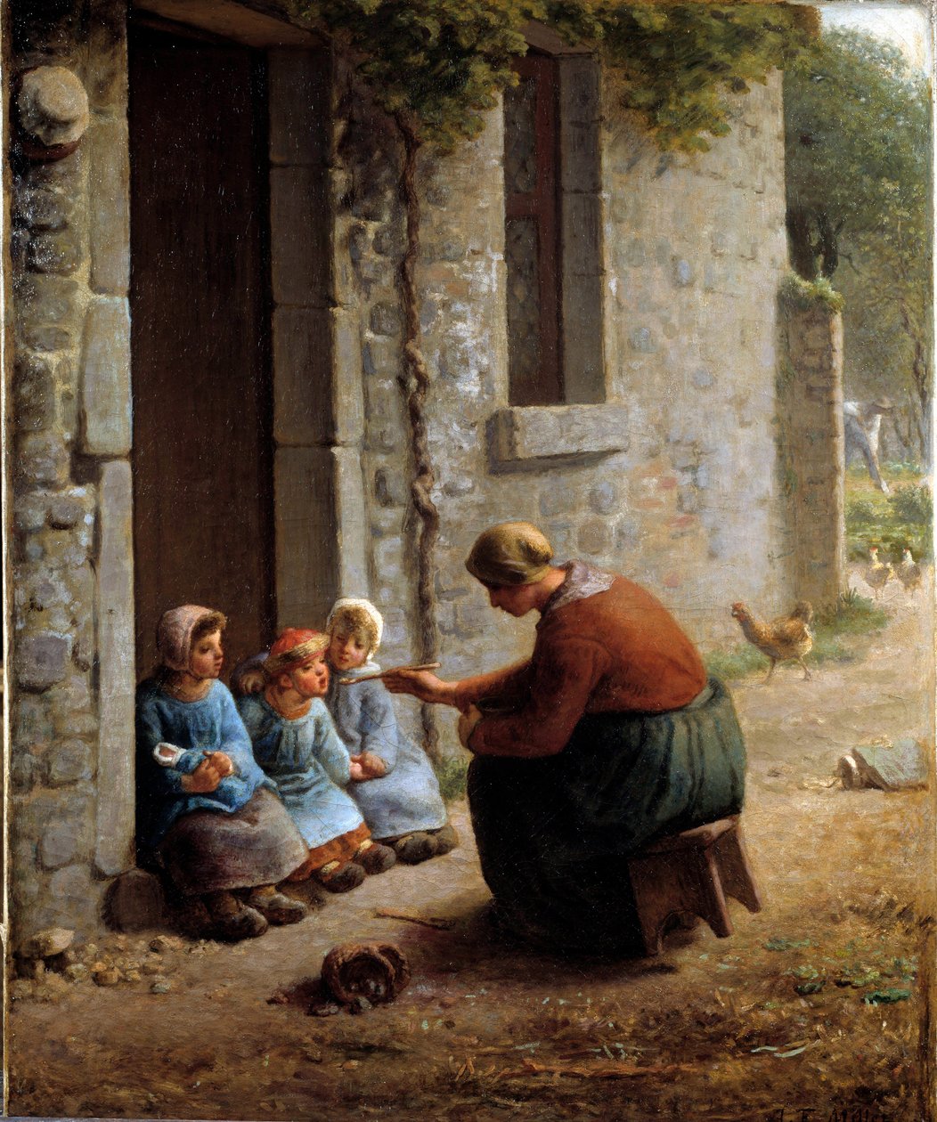 La becquée ou paysanne nourrissant ses enfants. Peinture par Jean François Millet (1814-1875) - Jean Francois Millet