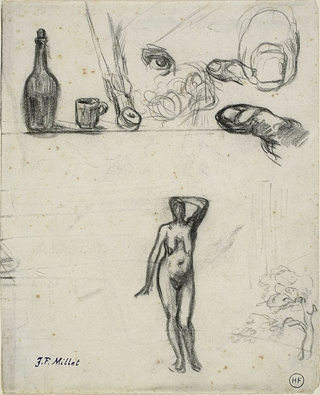 Feuille de Croquis : Femme Nue Debout, Arbre, Nature Morte, Doigts et Œil - Jean Francois Millet