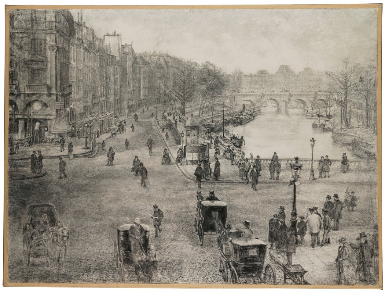 Paris, La place de Saint Michel avec le quai des Grands Augustins et le pont Saint Michel au premier plan et le pont Neuf et le Louvre à l