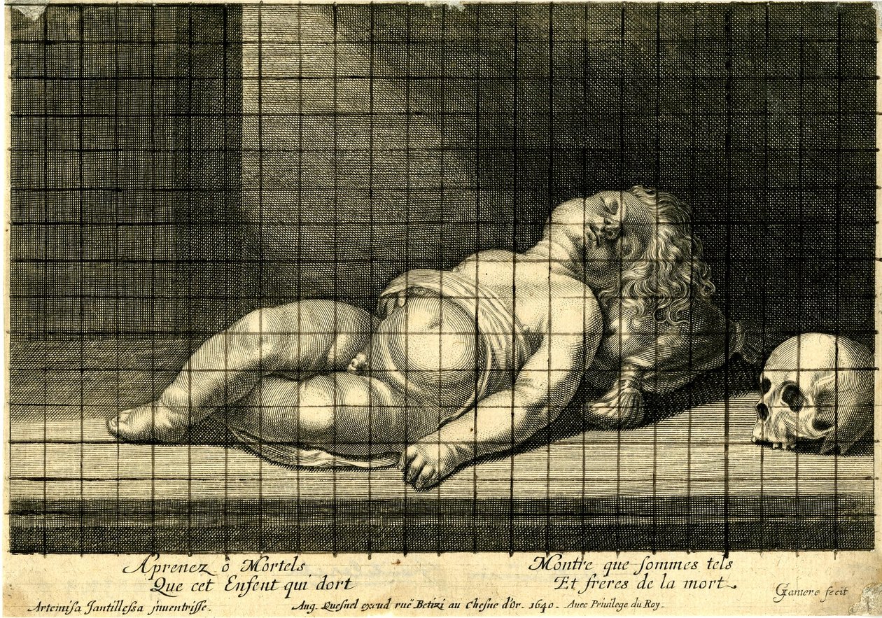 Jean Ganière - Enfant endormi, la tête posée sur un coussin ; crâne à droite. 1640 - Jean Ganière