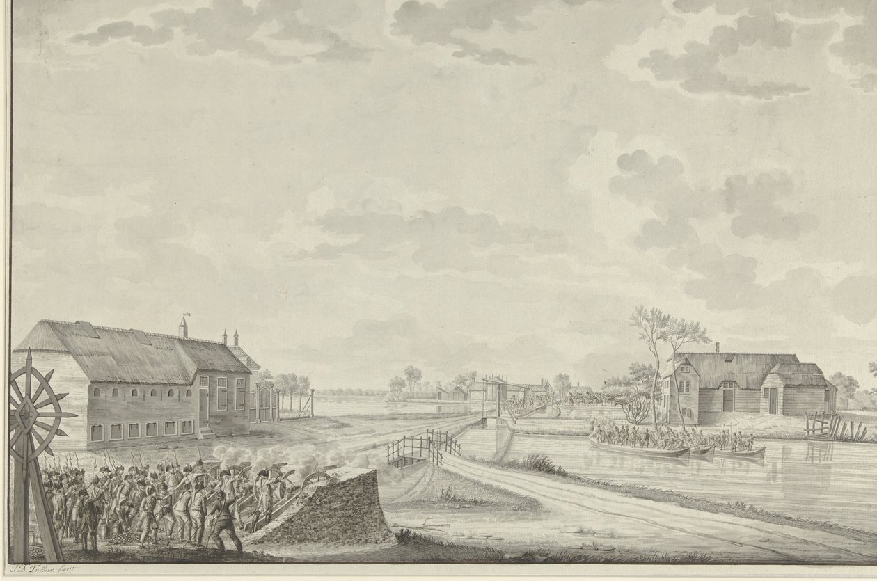 Attaque des Prussiens sous le colonel Van Borstel sur le pont de Duivendrecht, 1er octobre 1787 - Jean George Teissier (signed by artist)