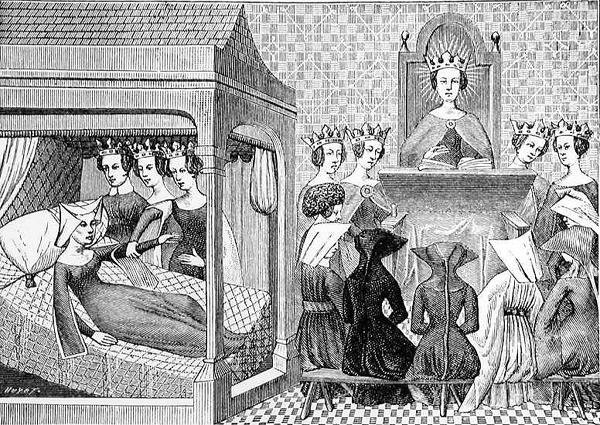 Les Trois Vertus, Raison, Droiture et Justice, incitent Christine de Pisan (c.1364-1410) à écrire un Livre d