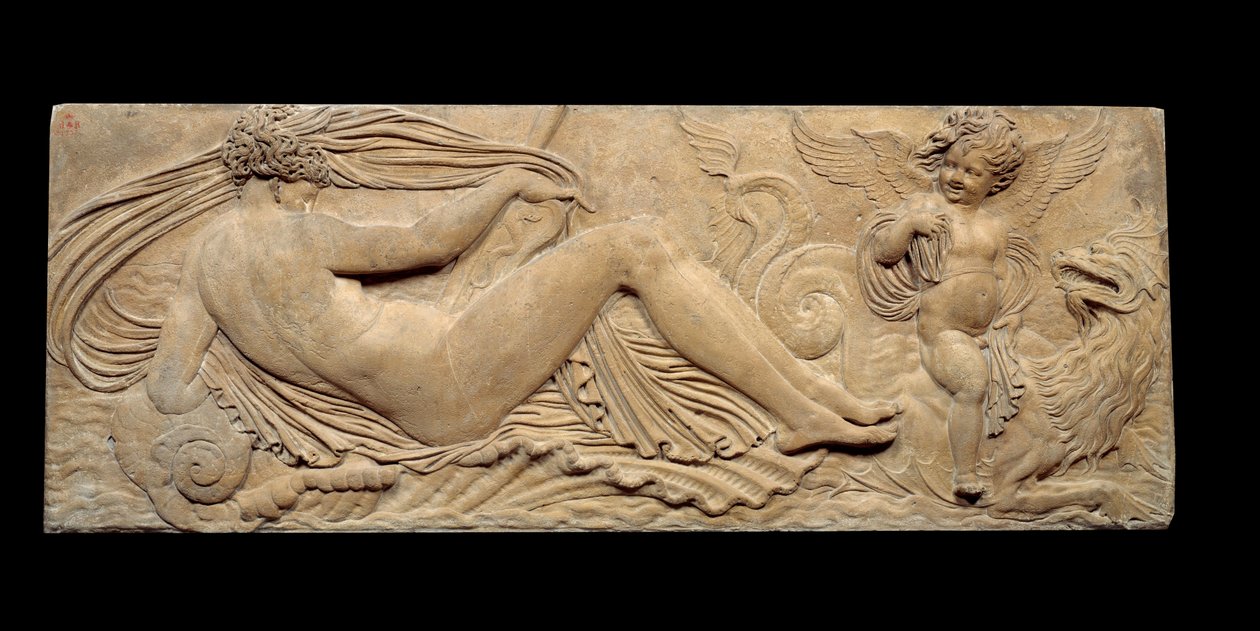 Nymphe et petit génie chevauchant un cheval marin ; Nymphe et Triton entourés de deux petits génies. Bas-relief. Sculpture en pierre par Jean Goujon (1510-1567) - Jean Goujon