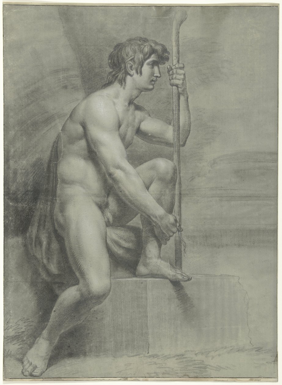 Homme nu assis avec bâton et jambe gauche levée - Jean Grandjean