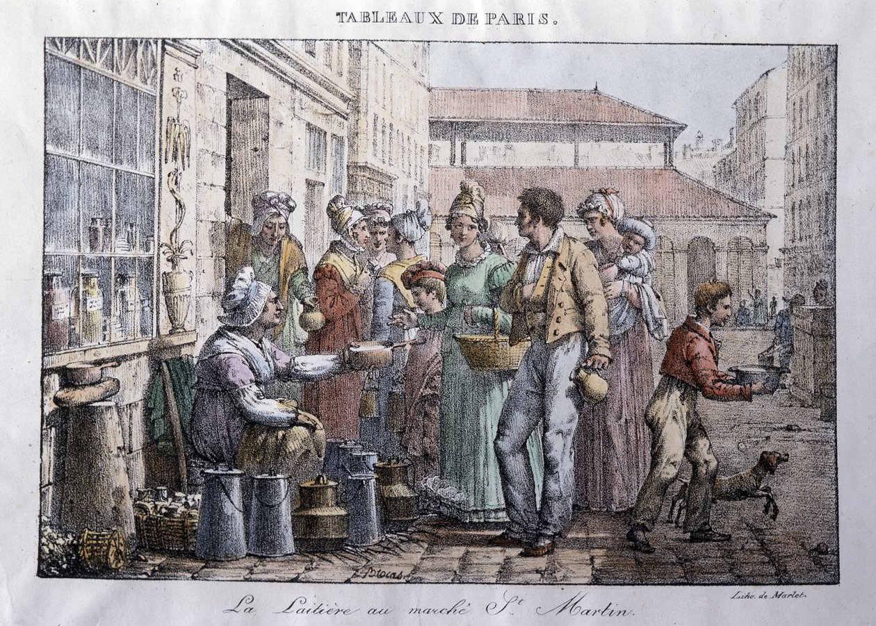 Ancien métier des rues de Paris : La laitière du marché Saint-Martin - Gravure par Jean Henry Marlet (1771-1847) dans « Les Tableaux de Paris », série de 72 estampes, fin du 19ème siècle - Jean Henri Marlet