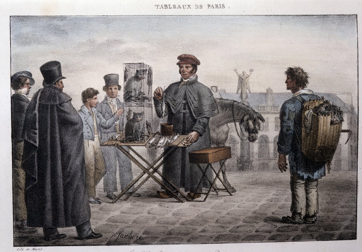 Ancienne rue métier à Paris : le marchand de mort-aux-rats (camelot). Gravure par Jean Henry Marlet (1771-1847) dans « Les Tableaux de Paris », série de 72 estampes, fin 19ème siècle - Jean Henri Marlet