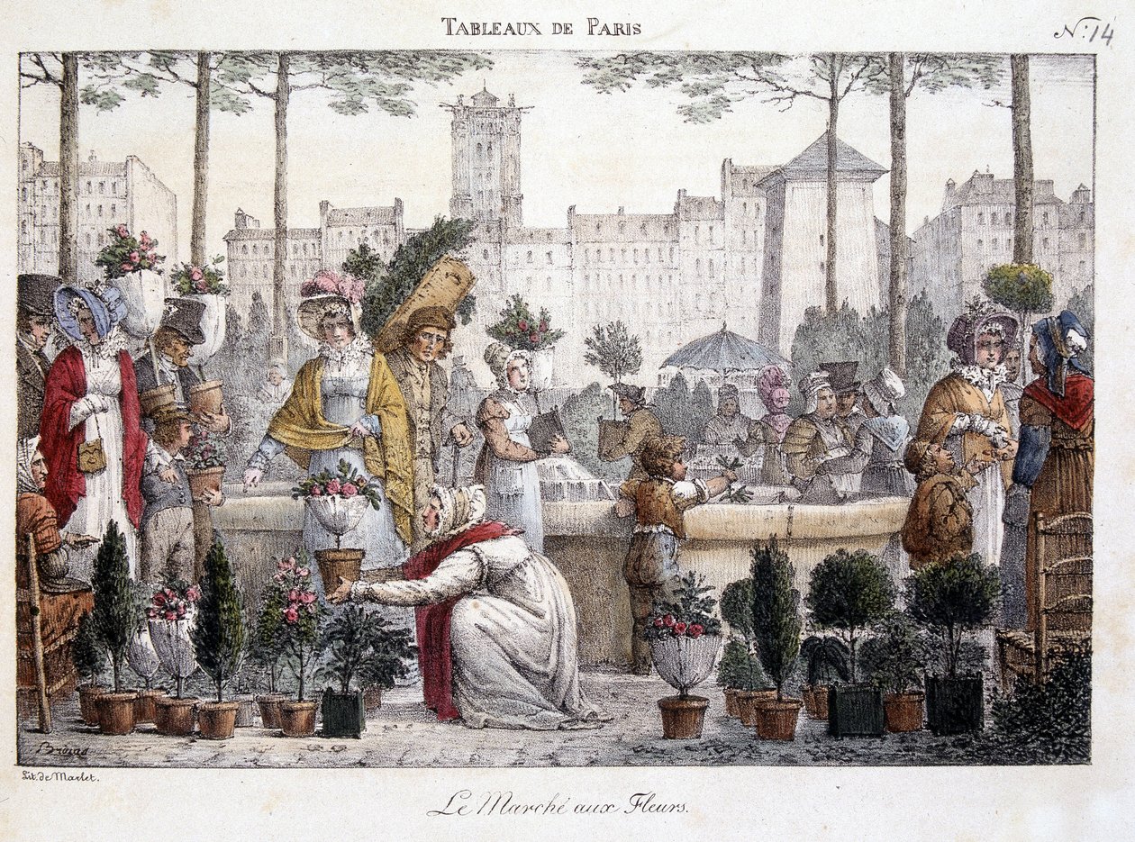 Le marché aux fleurs - lithographie par Brocas - Jean Henri Marlet