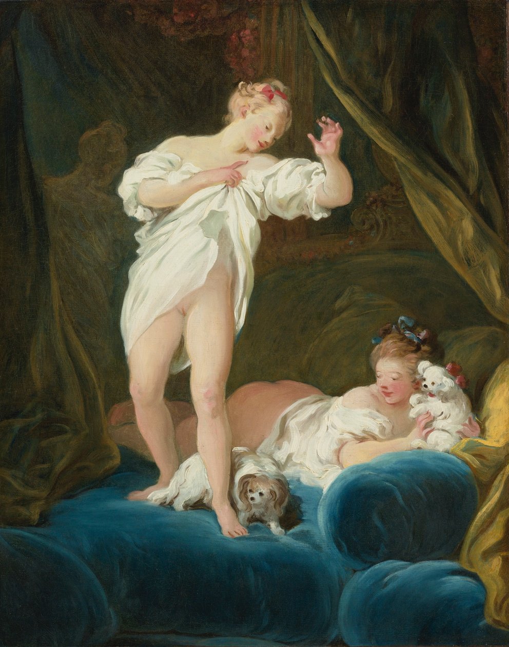 Deux filles sur un lit jouant avec leurs chiens - Jean Honore Fragonard