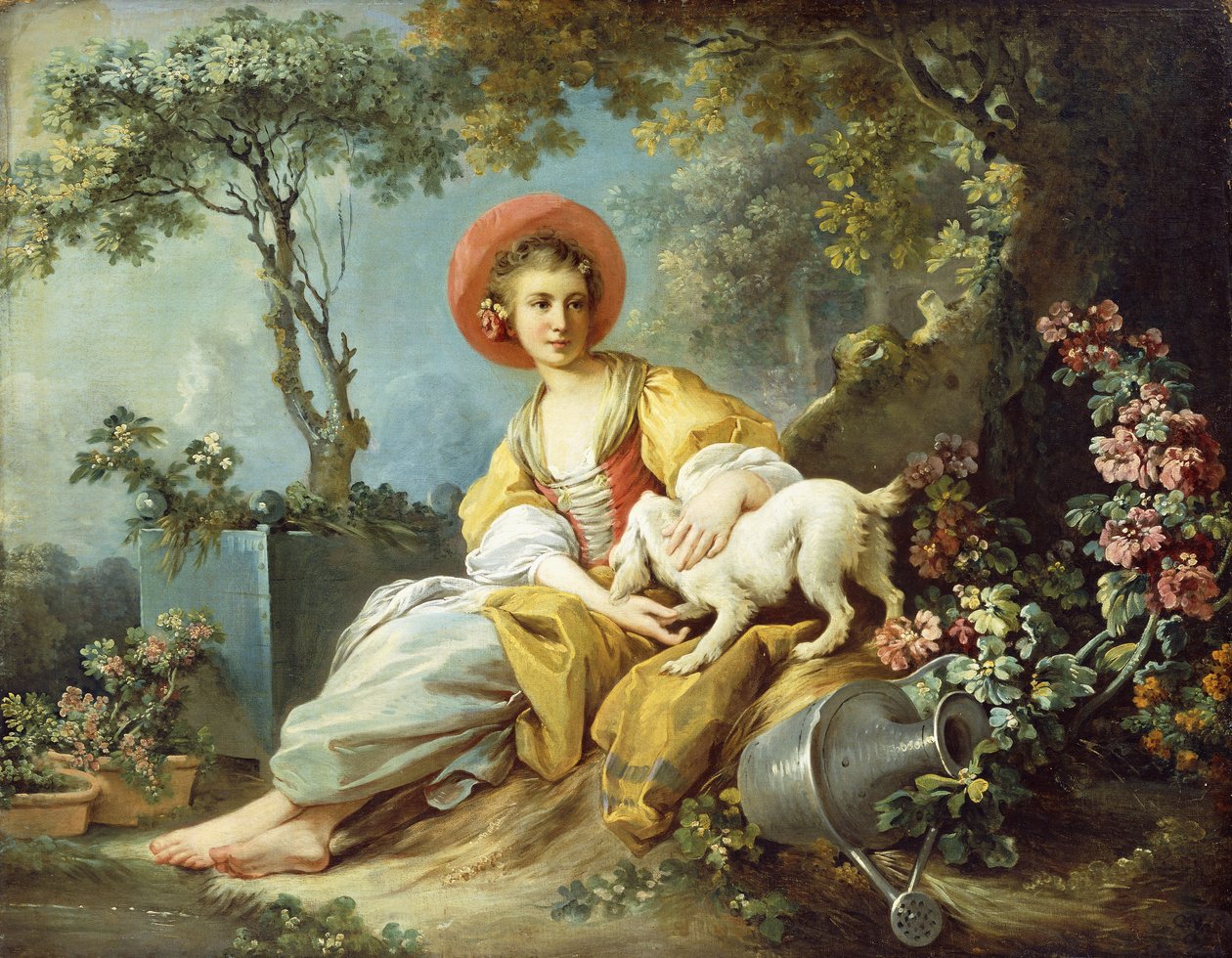 Une jeune femme assise avec un chien et un arrosoir dans un jardin - Jean-Honore Fragonard