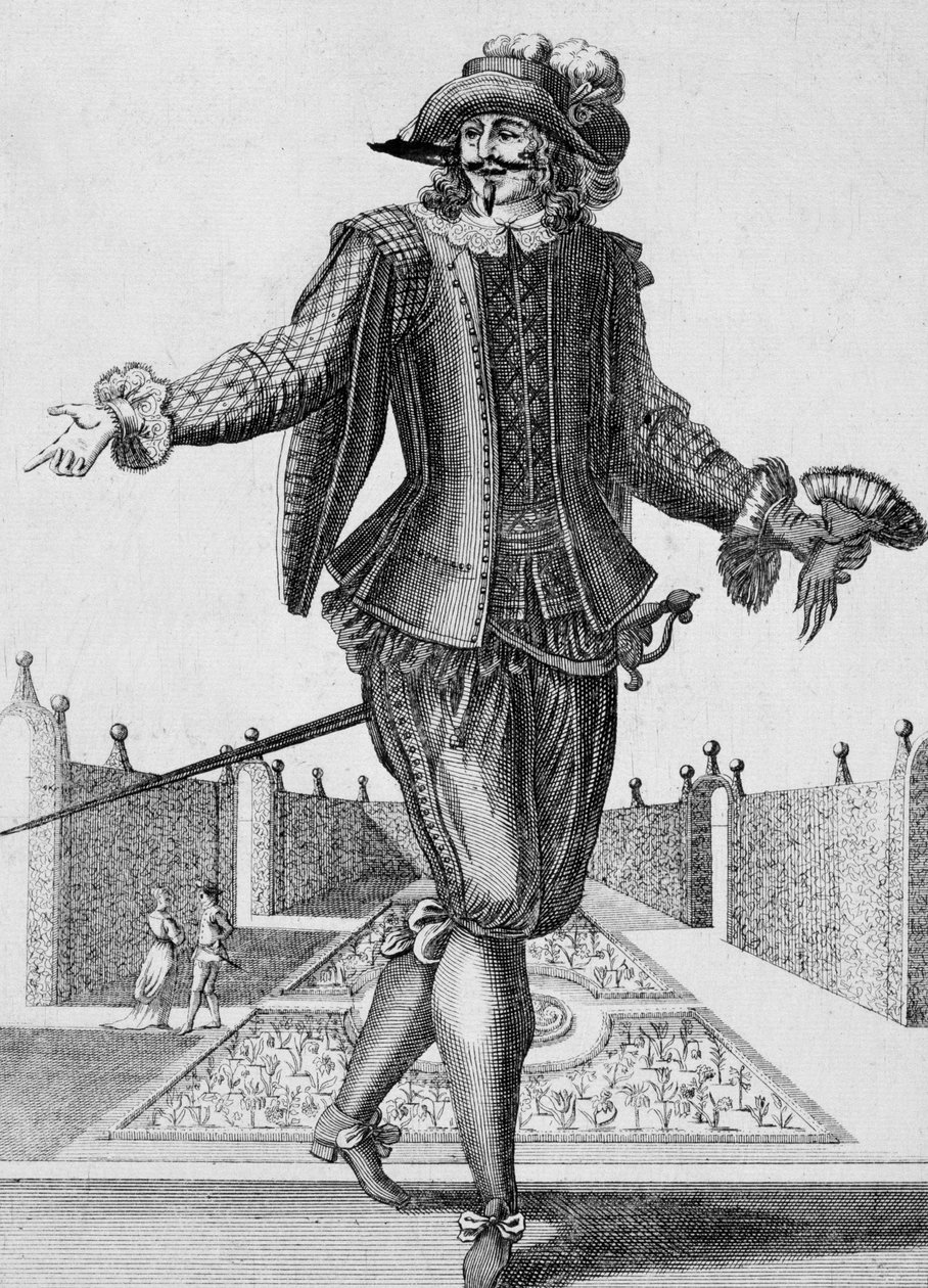 Acteur sérieux, costume de scène, gravure par Jean Berain l