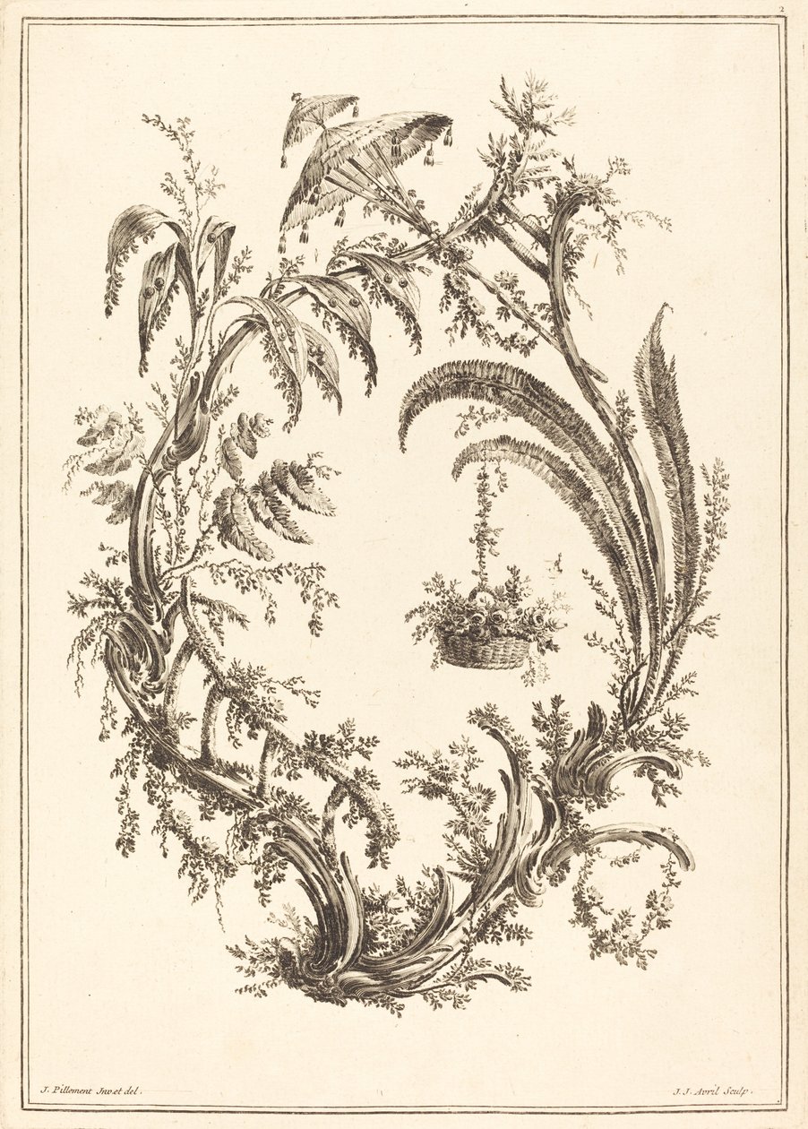 Ornement avec parasol et panier suspendu - Jean Jacques Avril I after Jean Baptiste Pillement