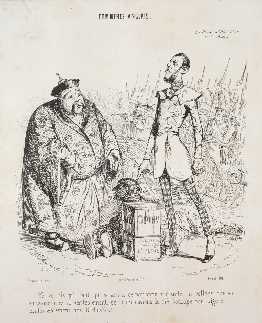 Commerce anglais. Yé vo dis quil faut, que vo achte ce poisonne to dsuite..., 1840 - Jean Jacques Grandville
