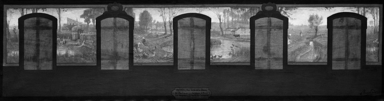Esquisse pour la mairie de Fresnes : Les rives de la Bièvre. Fresnes. Sur les rives de la Bièvre. Les blanchisseuses. Trieurs de farine. Les fermes. La récolte de betteraves - Jean Joseph Enders