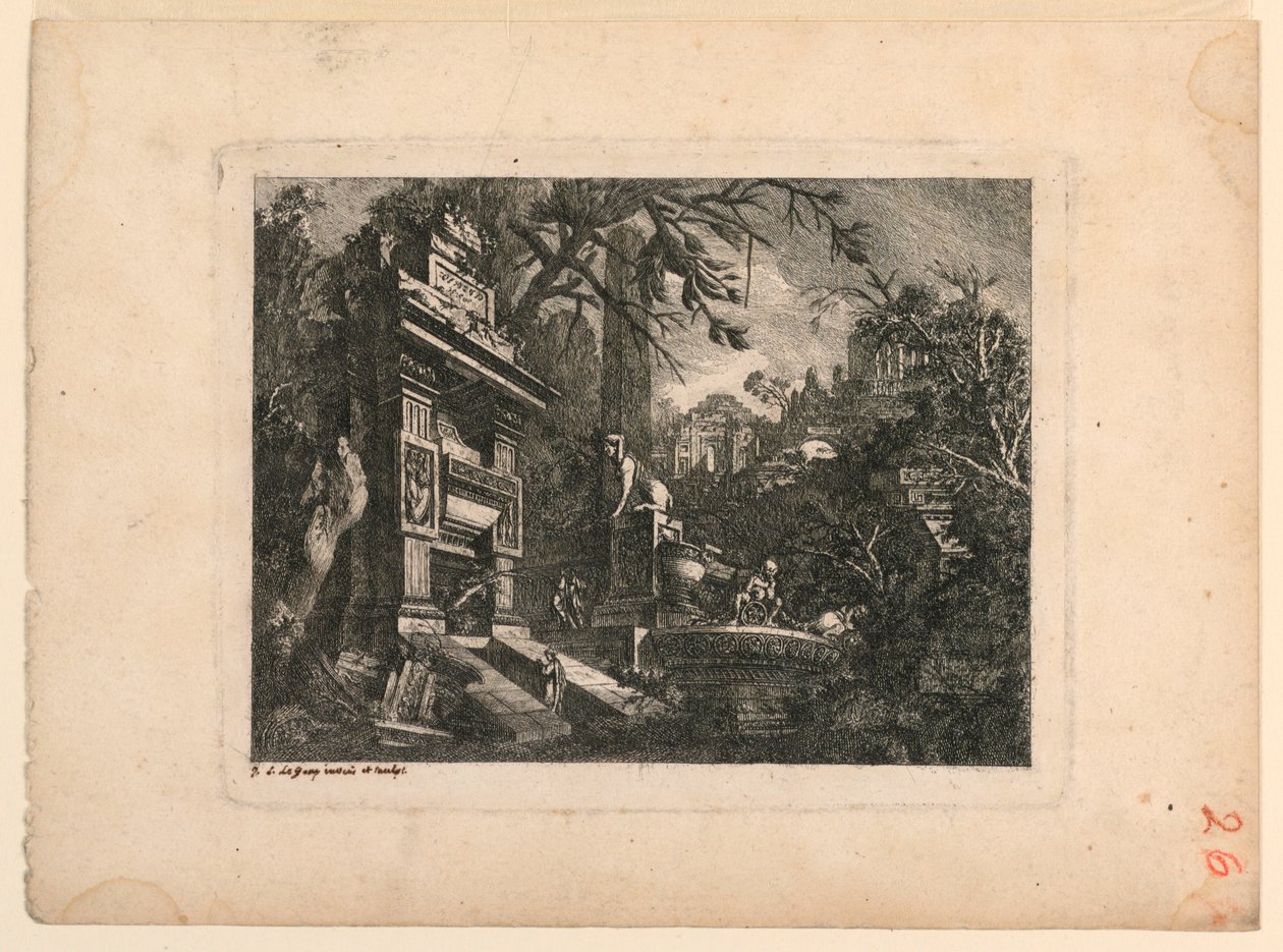 Fantaisie Architecturale avec Tombe et Ruines, Planche de "Rovine Inventione de Giovan. Loren, Legeay Architet. Intagliate da lui stesso in Luce 1768" - Jean Laurent Legeay