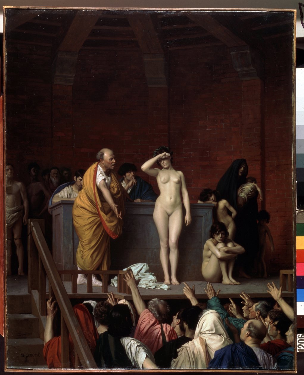 Rome antique : Le marché aux esclaves à Rome. Une esclave nue sur une estrade est vendue, devant un public d