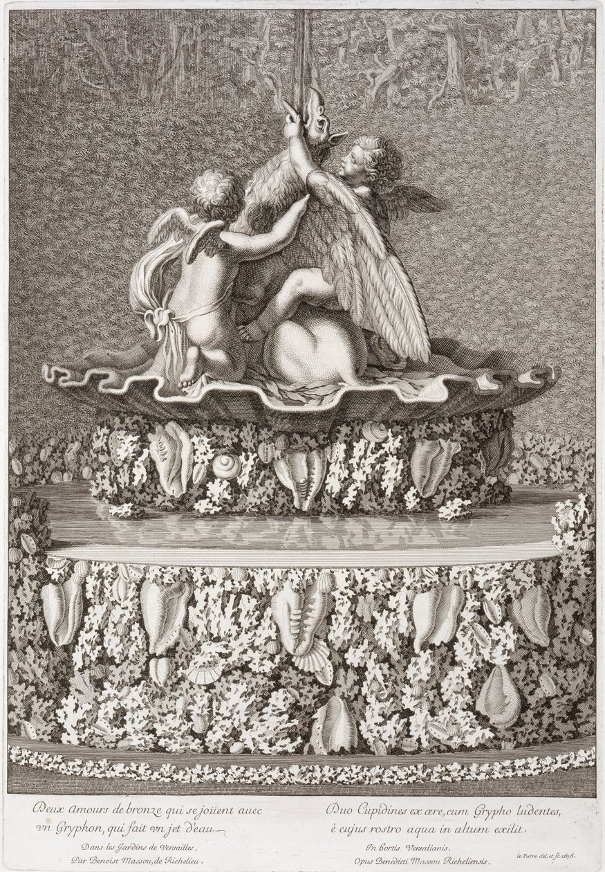 Fontaine avec deux cupidons jouant avec un griffon, par Benoit Massou, à Versailles, 1676 - Jean Lepautre