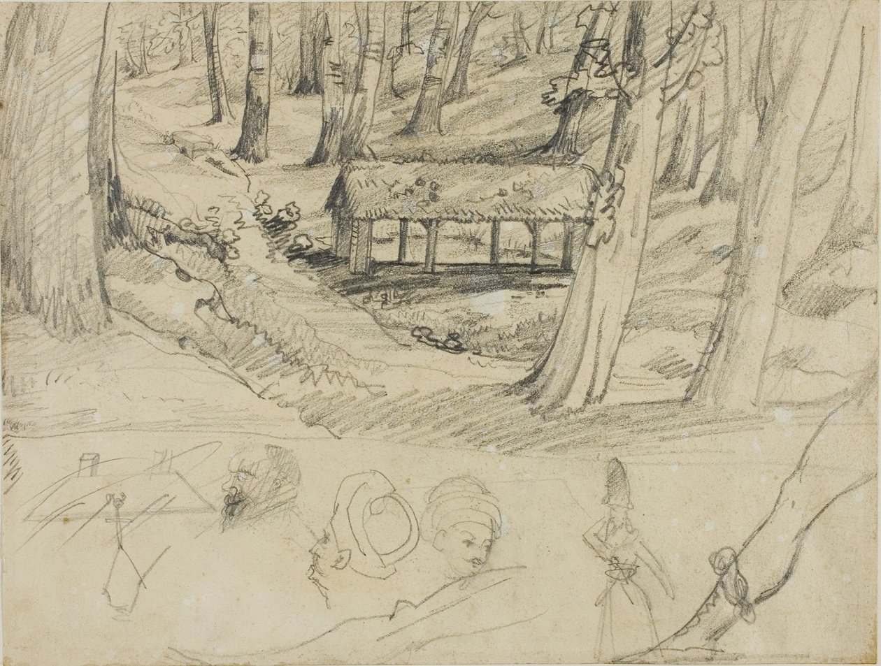 Intérieur de forêt avec hutte en chaume, et autres croquis - Jean Louis André Théodore Géricault
