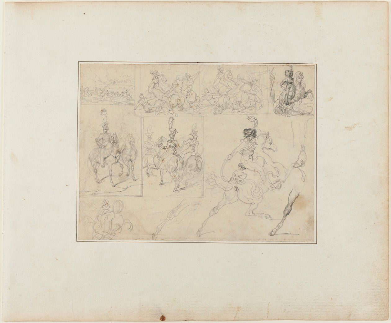 Feuille de croquis : Batailles de cavalerie et soldats à cheval - Jean Louis André Théodore Géricault