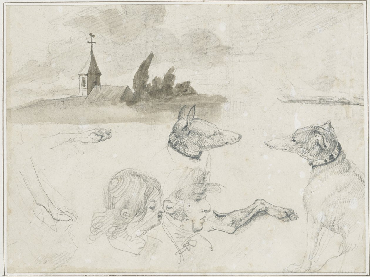 Feuille de croquis : Greyhounds ; Tête de mâle et de femelle en - Jean Louis André Théodore Géricault