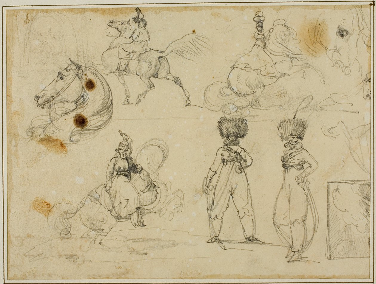 Feuille de croquis : Soldats, chevaux et paysage - Jean Louis André Théodore Géricault