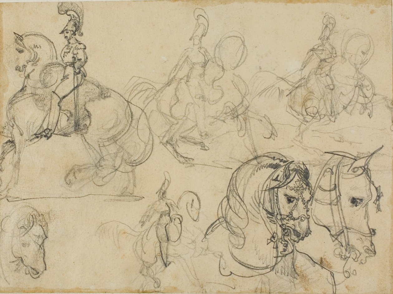 Croquis de carabiniers montés et de têtes de chevaux - Jean Louis André Théodore Géricault