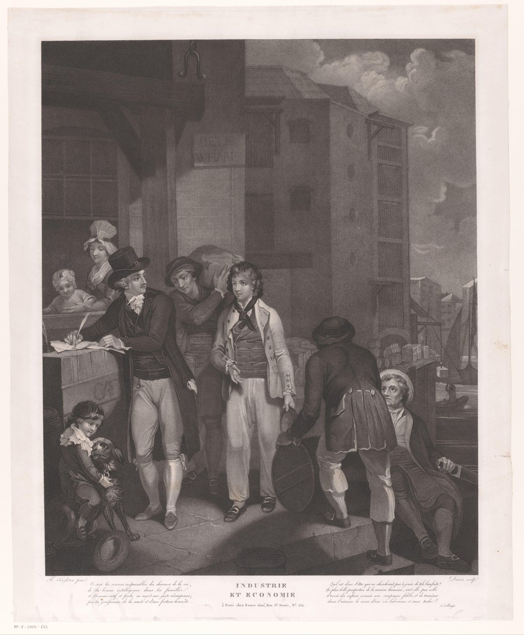 Groupe de figures devant un entrepôt dans un port - Jean Louis Darcis
