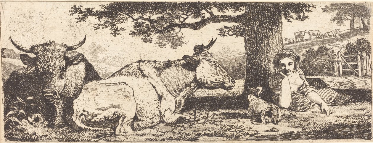 Deux vaches et une femme allongée - Jean Louis Demarne