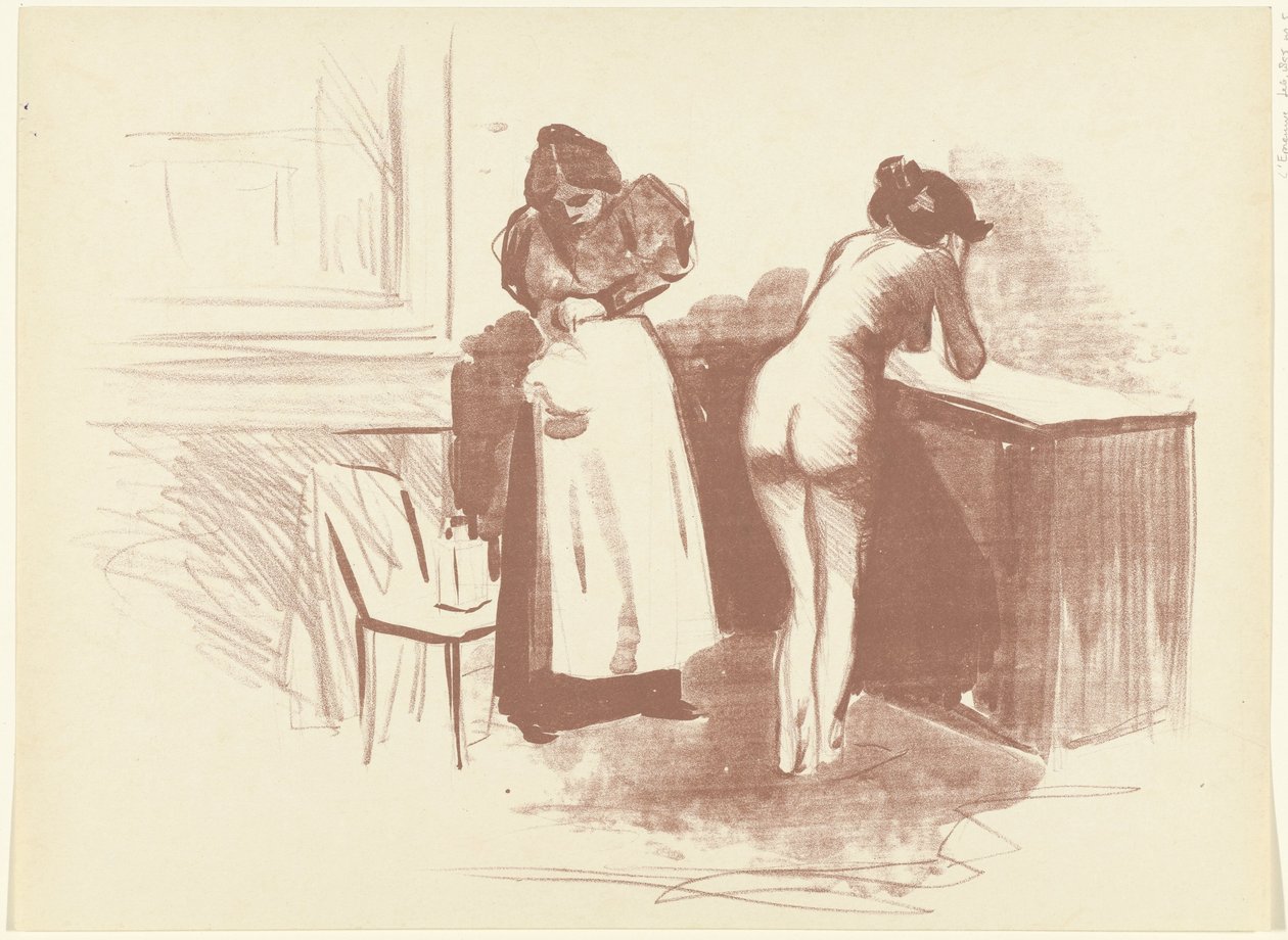 Femme nue se lavant avec une servante à côté d