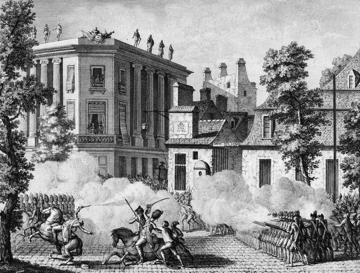 Révolution française : Action entre les Gardes royaux allemands et les Gardes français devant le dépôt des Gardes français le 12 juillet - Jean Louis II (after) Prieur