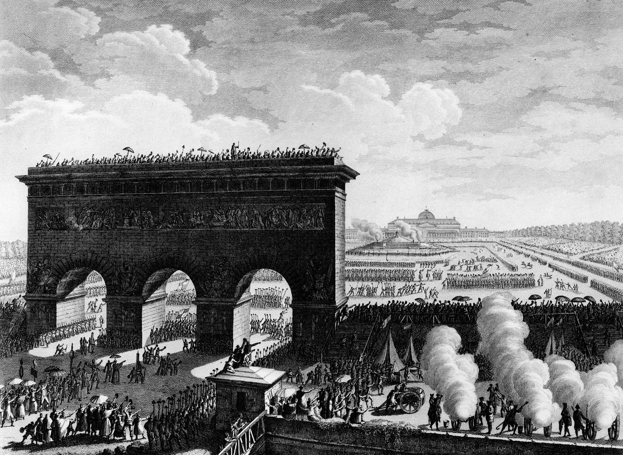 Révolution française : Fête de la Fédération le 14 juillet 1790 au Champ-de-Mars à Paris. Gravure de Berthaut d