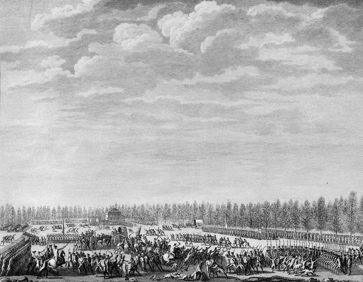 Révolution française : Gilbert du Motier, marquis de La Fayette (1757-1834) fit désarmer deux cents soldats pour indiscipline aux Champs-Élysées à Paris le 12 janvier 1790. Gravure de Berthaut d