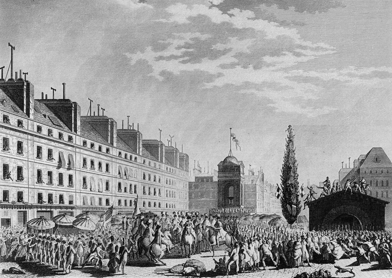Révolution française : Proclamation de la Constitution (Monarchie constitutionnelle : Séparation des pouvoirs et institution de la monarchie constitutionnelle) Place du Marché des Innocents à Paris le 14 septembre - Jean Louis II (after) Prieur
