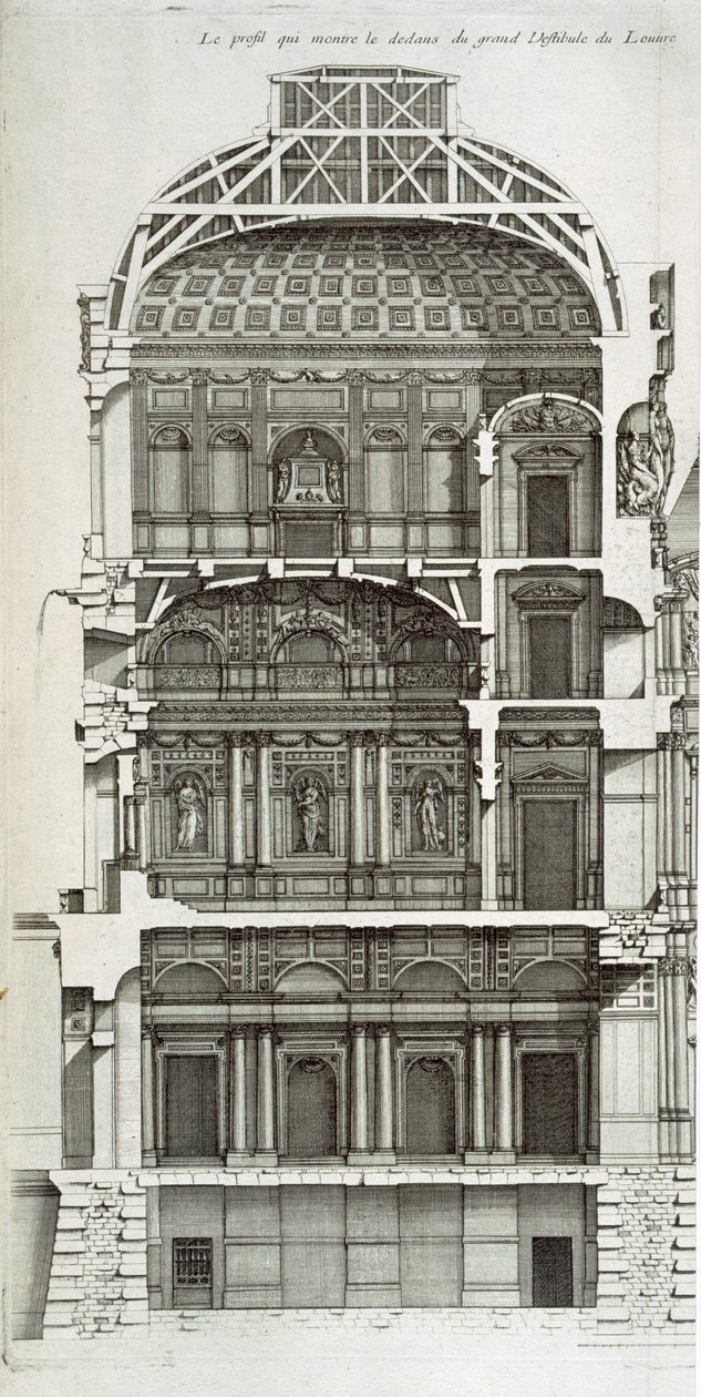 Coupe montrant la grande salle du Louvre, de 