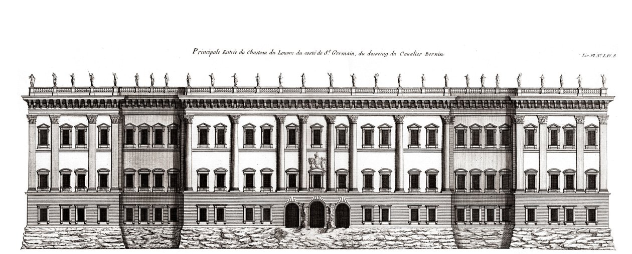 Le Louvre à Paris, projet de Gian Lorenzo Bernini : élévation de la façade principale côté Saint-Germain-l