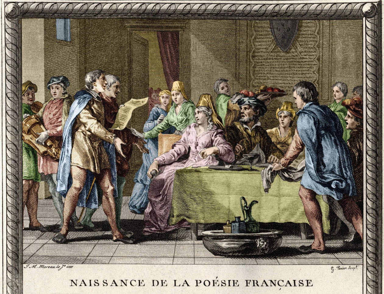 Naissance de la poésie française : Troubadours, suivis de jongleurs et ménestrels, récitent les premiers poèmes en français lors des festivités parmi les nobles au 12ème siècle. Gravure de Moreau le Jeune - Jean Michel the Younger Moreau